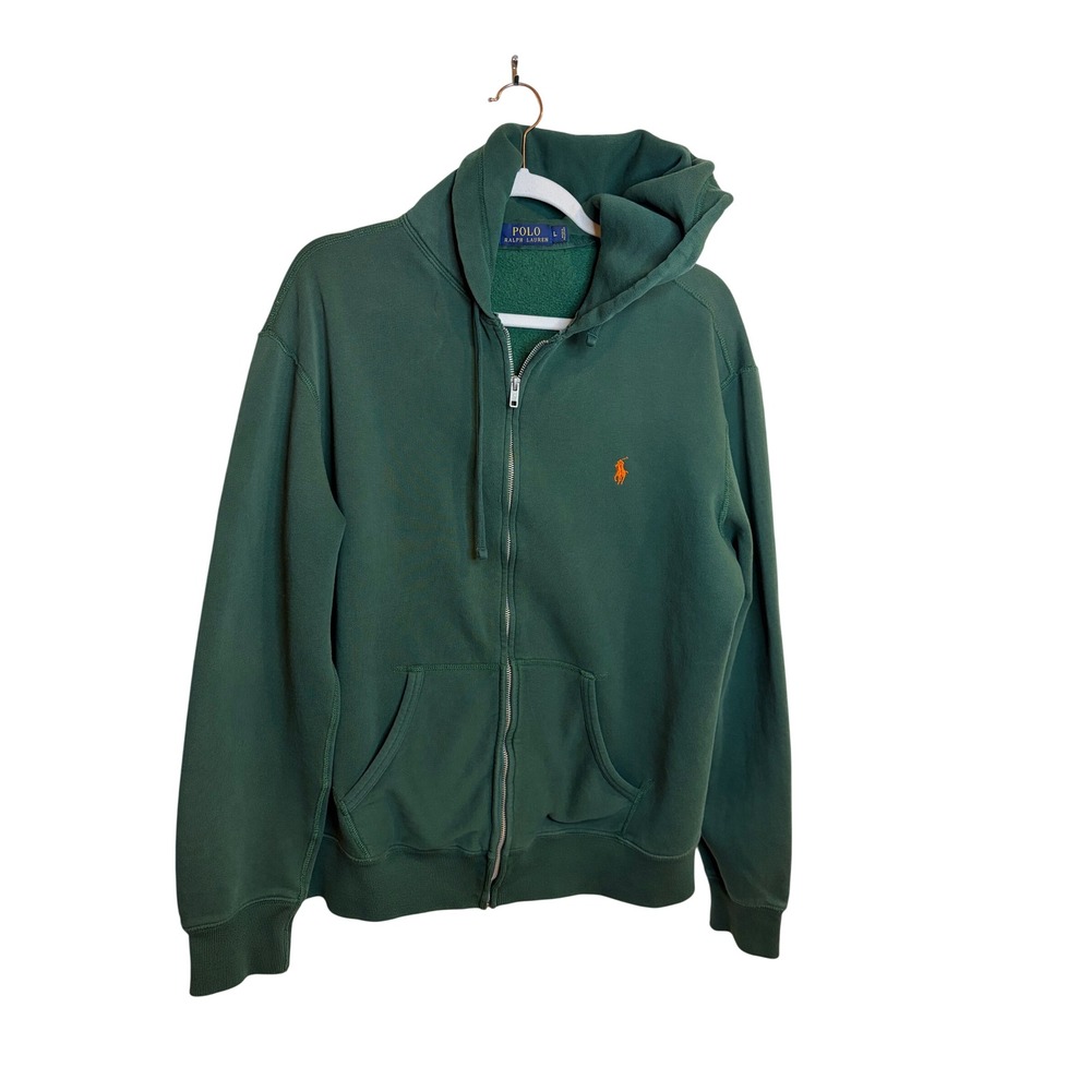 Polo Ralph Lauren Mens Green Full Zip Hoodie Orange Pony Fleece Sweatshirt Large